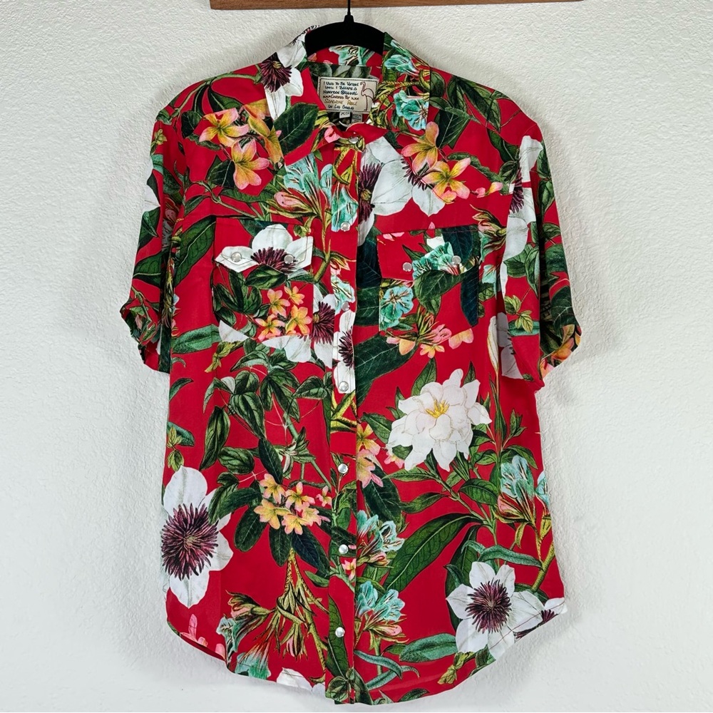 Free People x Sandrine Rose NWT Red Tropical Floral Pearl Snap Shirt XS